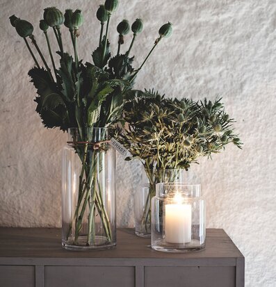 Bild av harmonisk inredning med glasvas och växter