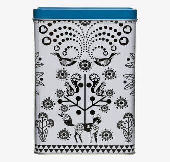 Bild av plåtburk med skandinavisk folkkonst-design