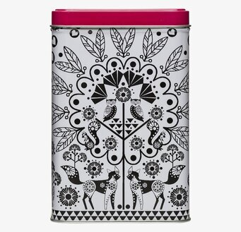 Bild av stilren plåtburk med naturinspirerat mönster