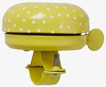 Bild av gul cykelklocka med vita prickar och silverdetaljer