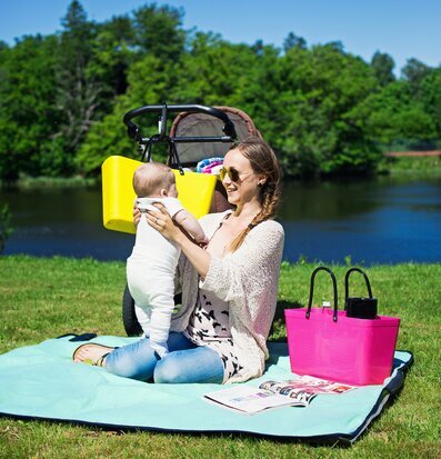 Foto av livfull picknick vid sjö med färgglada detaljer
