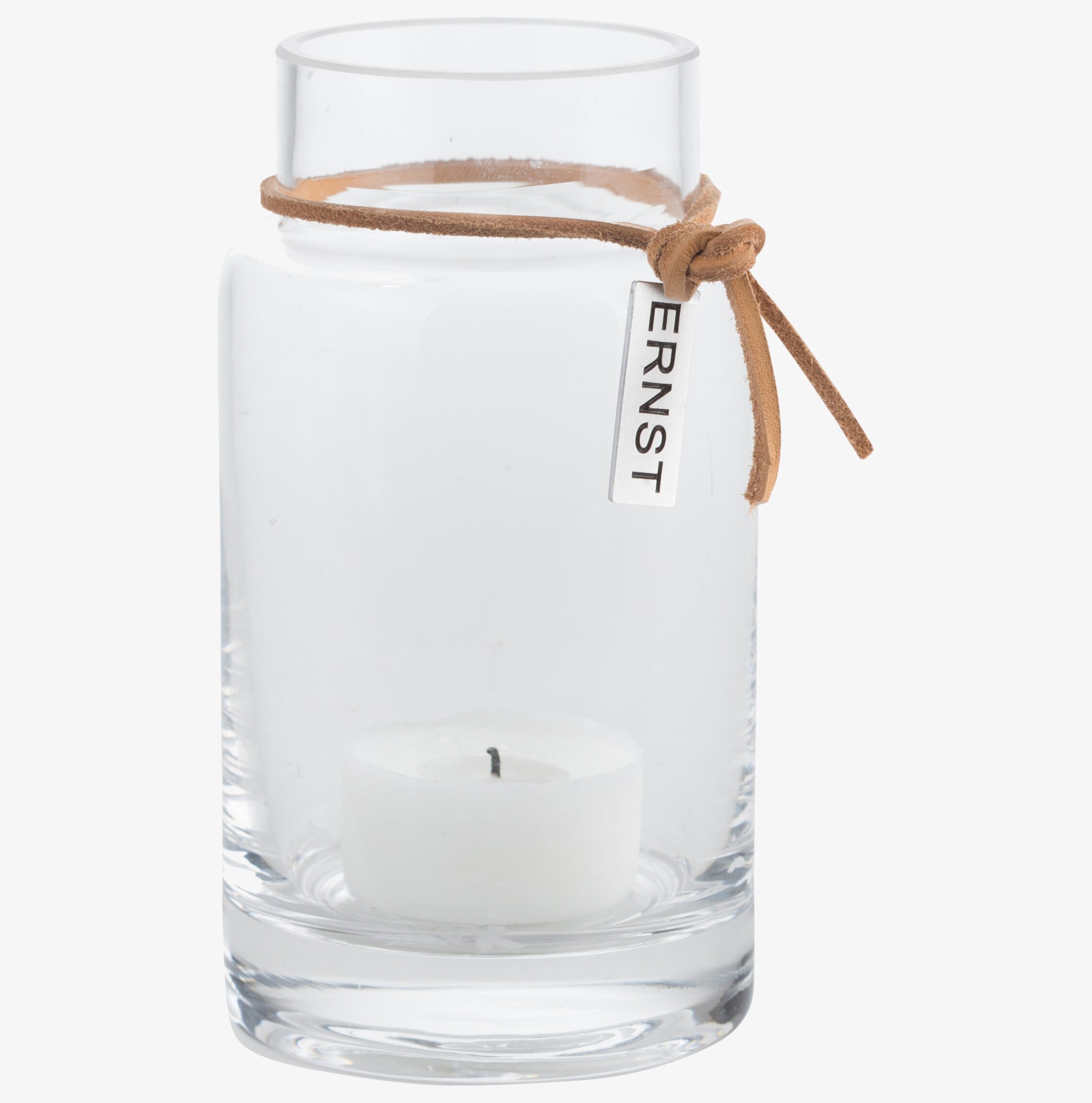 Bild av stilren vas/ljuslykta i glas och läder