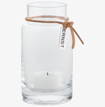 Bild av stilren vas/ljuslykta i glas och läder
