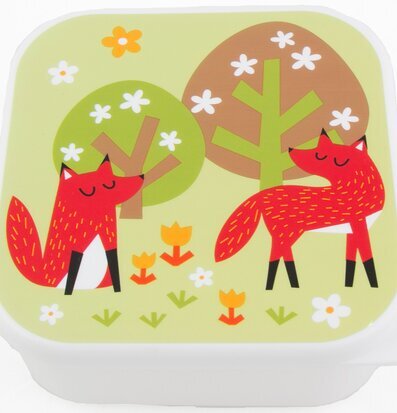Bild av färgglad matlåda med rävdesign och naturmotiv