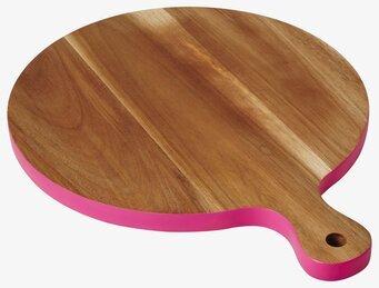 Bild av rund skärbräda i acaciaträ med neonrosa kant