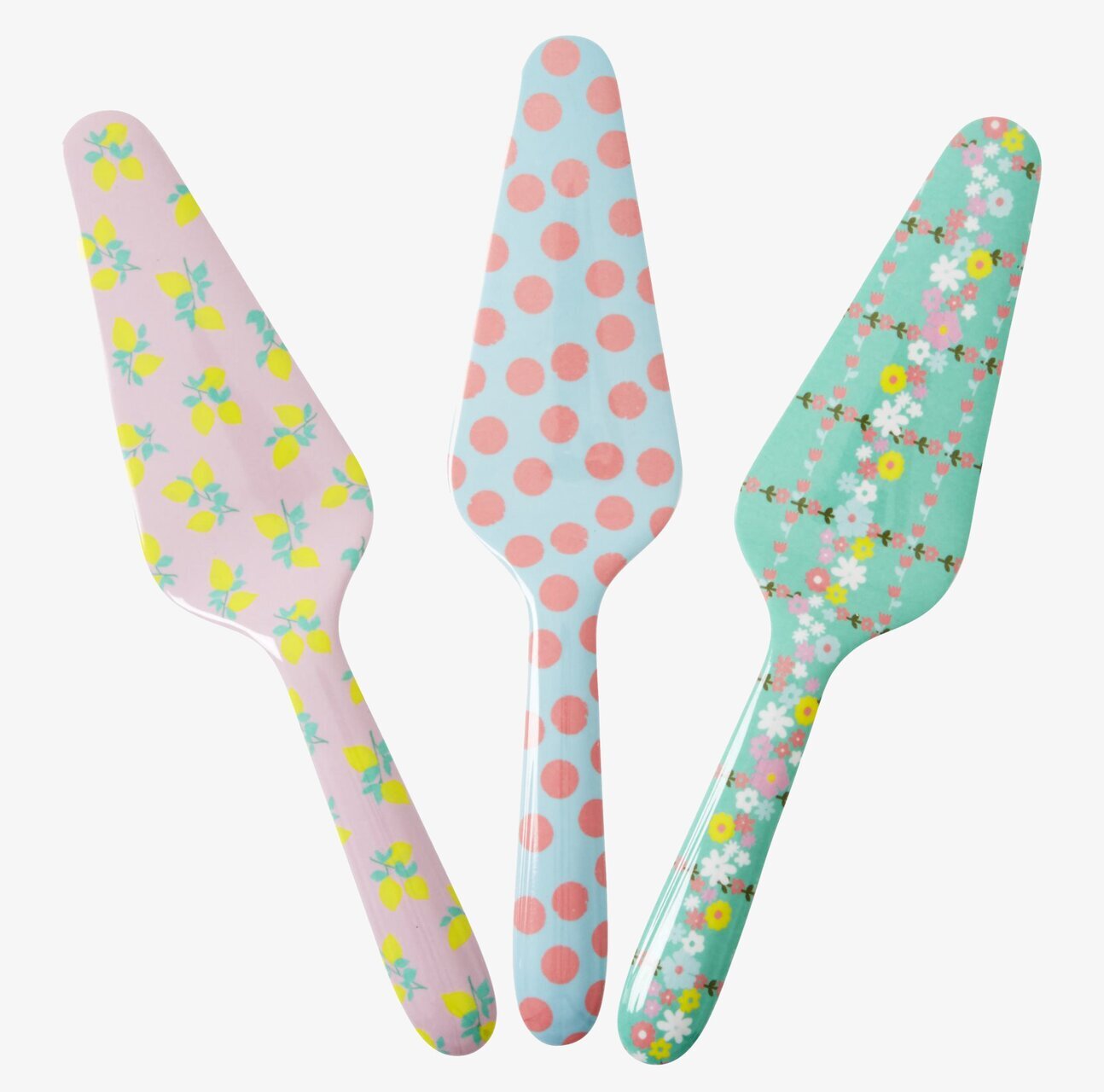 Tårtspade Dots från Rice, tre färgglada och mönstrade spadar