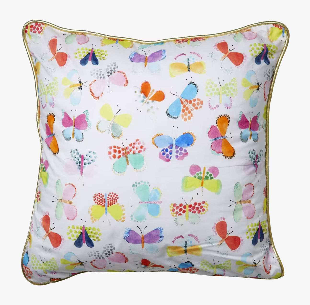 Bild av kudde med färgglatt fjärilsmönster och guldkant