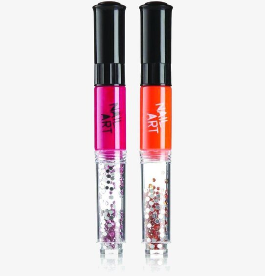 Bild av två neonfärgade nagelkonsttuber med paljetter