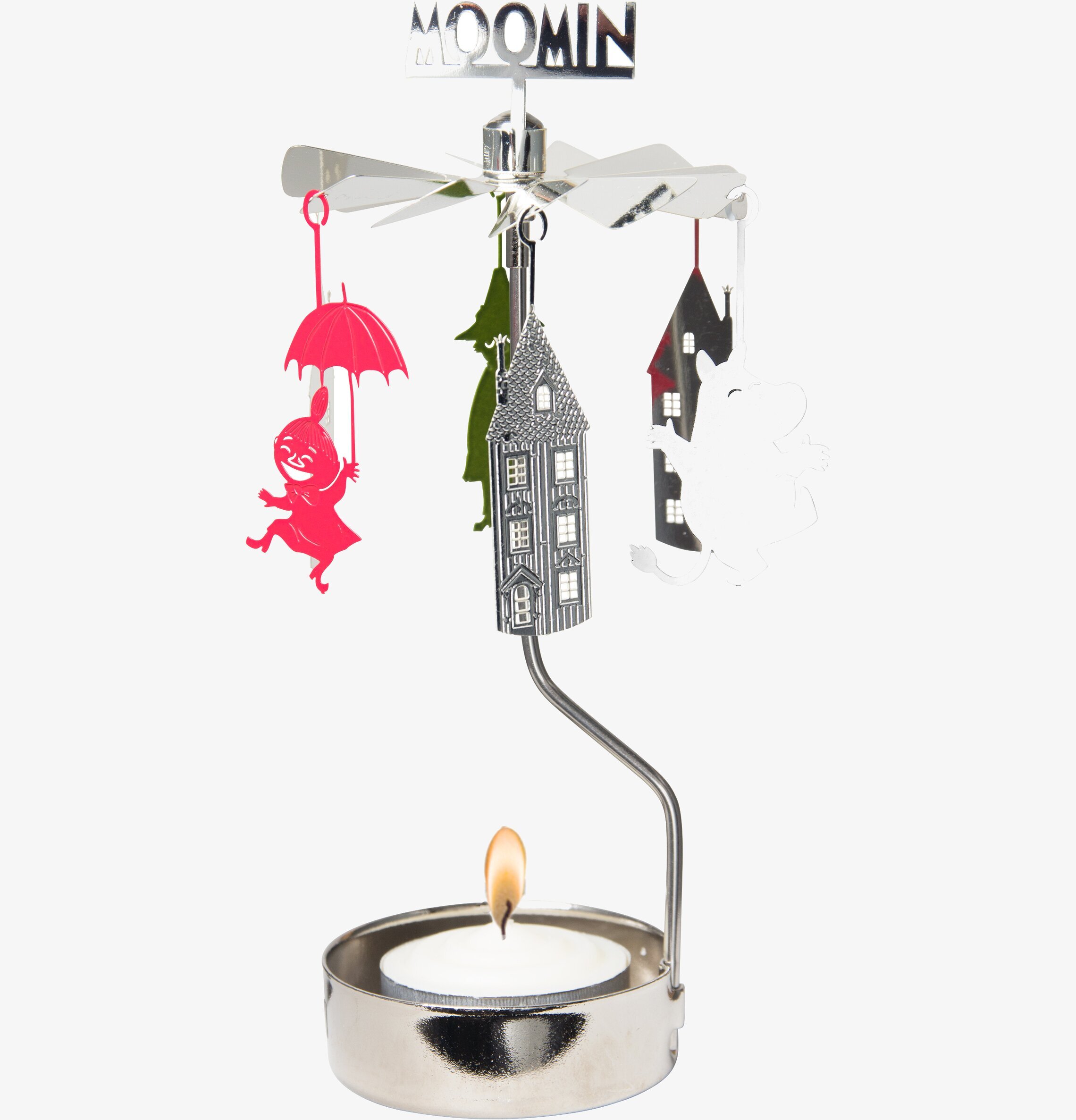 Bild av ett snurrande änglaspel med Mumindalen-figurer