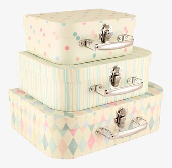 Bild av dekorativa lådor med olika mönster och färger