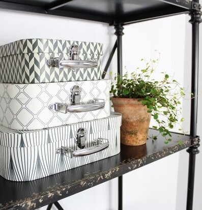 Bild av dekorativa askar och rustik kruka med växt