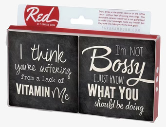 Bild av glasunderlägg med humoristisk och stilfull design