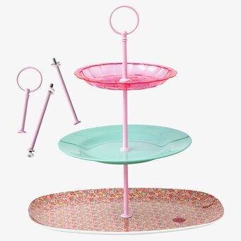 Bild av färgglatt kakfat med tre nivåer och rosa detaljer
