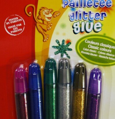 Bild av färgglad förpackning med glitterlim för barn