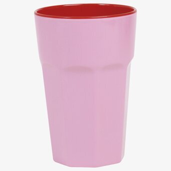 Foto av färgstark mugg med rosa och röd design