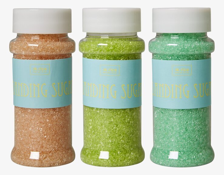 Sanding Sugar Bakdekoration från Rice i tre färgglada burkar