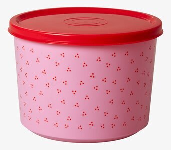 Bild av rund matlåda med rosa och röda blommönster