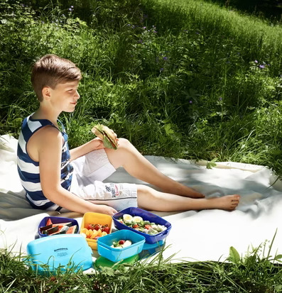 Bild av pojke på picknick med färgglada matlådor