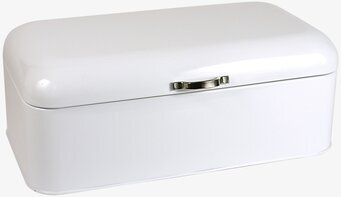 Foto av stilren vit brödbox med metallhandtag