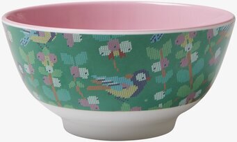 Bild av färgglad skål med fågelmönster och rosa insida