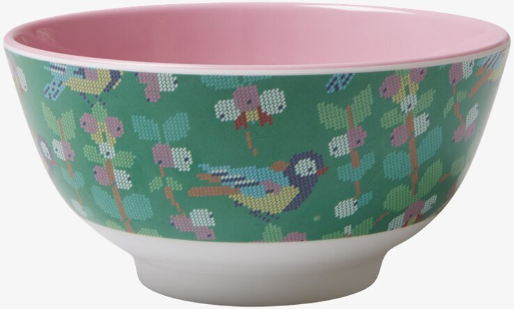 Skål Cross Stitched Bird Print från Rice med fågelmönster