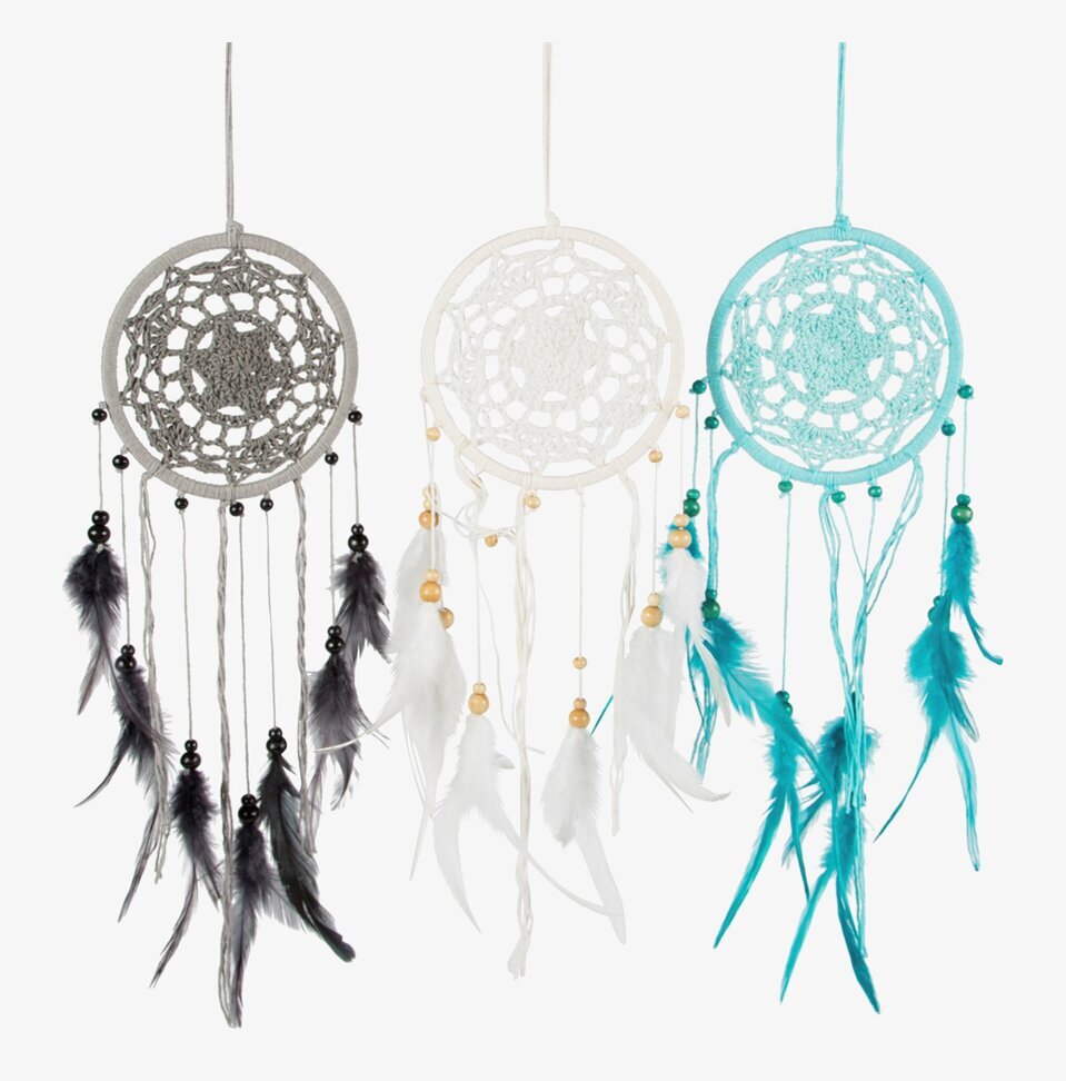Bild av tre drömfångare i grå, vit och turkos färg
