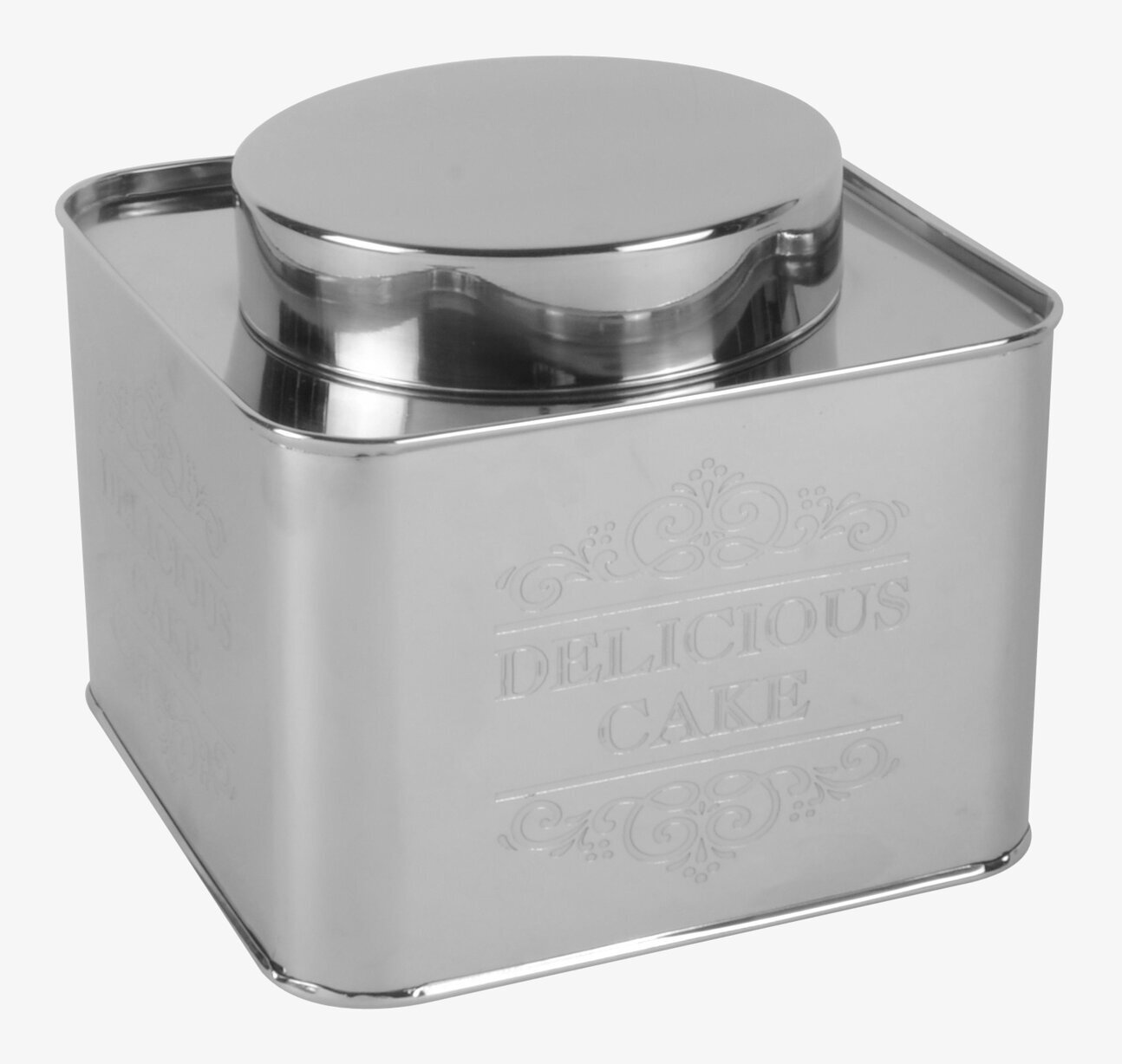 Bild av fyrkantig metallburk med dekorativ design