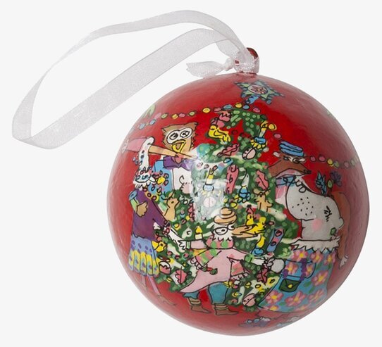 Handmålad julgranskula Röd från Rice med livfull julscen