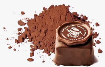 Bild av lyxig chokladpralin med kakaopulverdetaljer