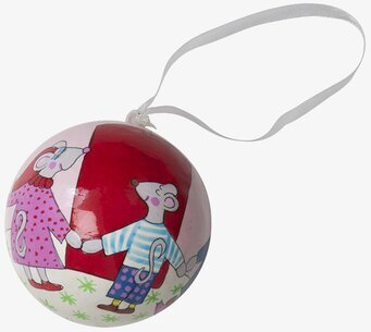 Bild av handmålad julkula med möss i färgglada kläder