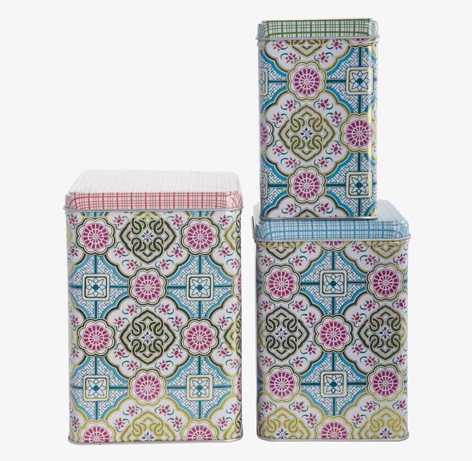 Bild av färgglada och detaljerade plåtburkar förvaring