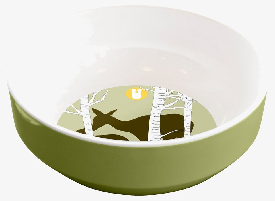 Bild av stilren skål med naturmotiv och olivgrön färg