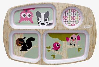 Bild av lekfull rosa tallrik med djurmotiv för barn