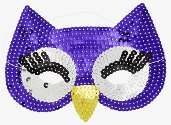 Foto av dekorativ ugglemask med lila och gula paljetter