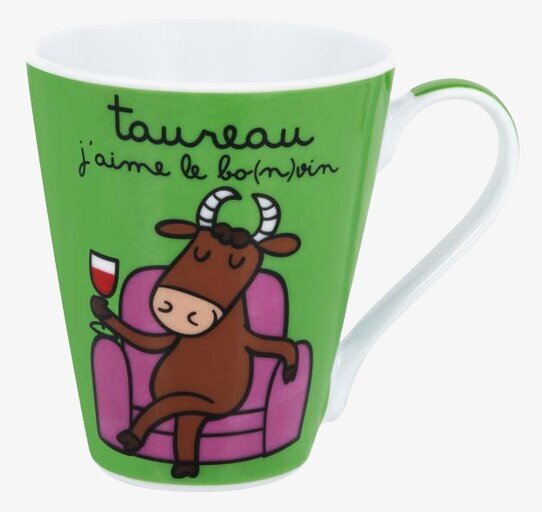 Bild av färgstark mugg med humoristisk oxe-design
