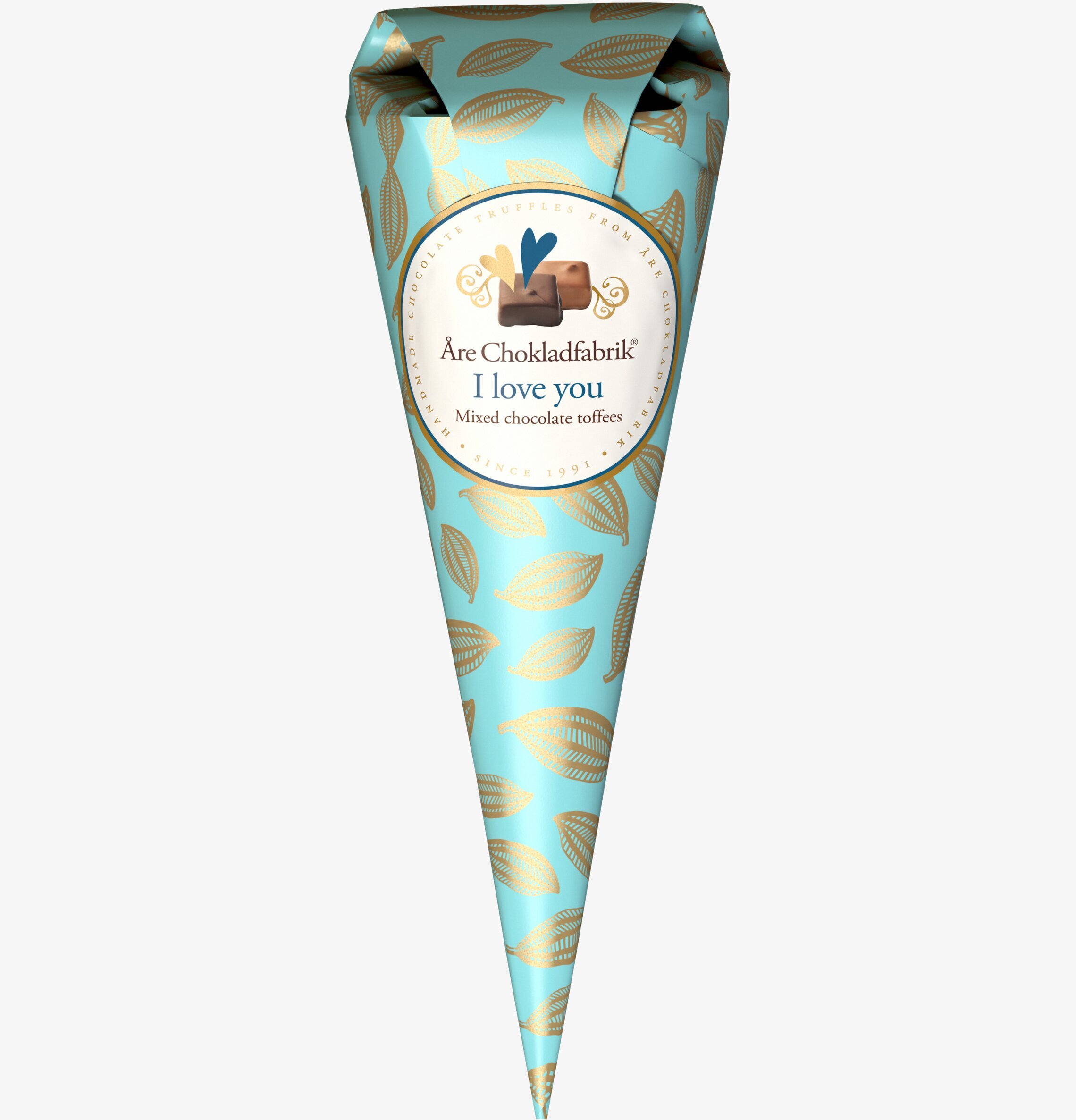 Chokladstrut I Love You från Åre Chokladfabrik i turkos förpackning