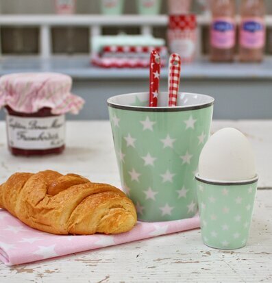 Bild av charmig frukostscen med mintgrön mugg