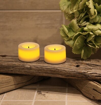 Bild av LED-värmeljus på drivved med växt i bakgrunden