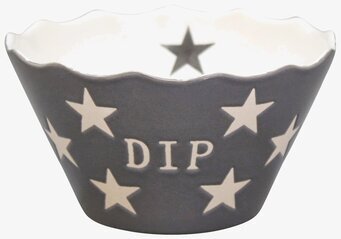 Bild av grå dipp-skål med vita stjärnor och vågig kant