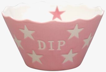 Bild av rosa skål med vita stjärnor och DIP text