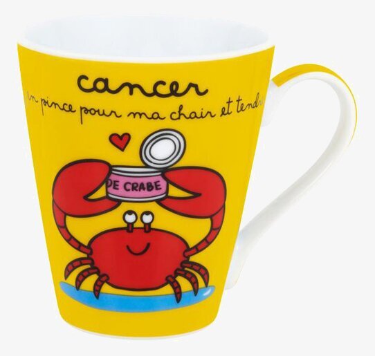 Bild av färgglad mugg med kräftmotiv och fransk text