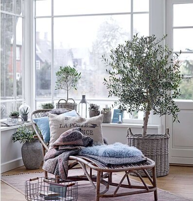 Foto av ett ljust rum med rottingstol och gröna växter