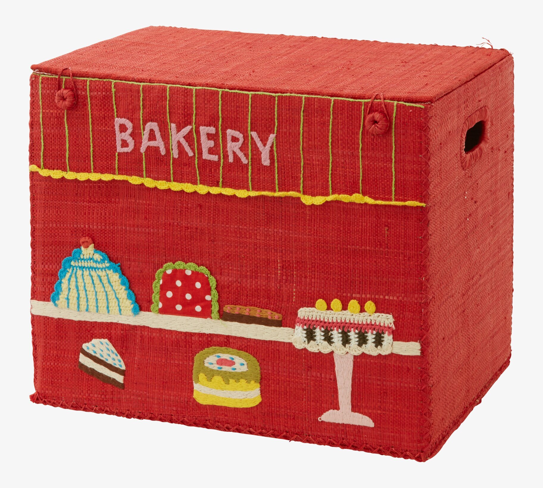 Bild av livfull röd förvaringskorg med bakverkstema