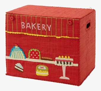 Bild av livfull röd förvaringskorg med bakverkstema
