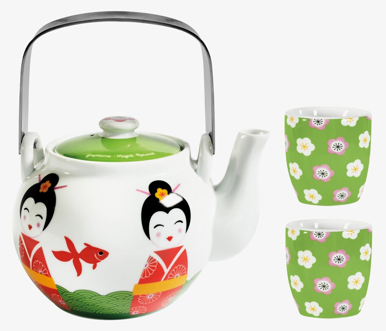 Bild av charmig tekanna med japanska motiv och muggar