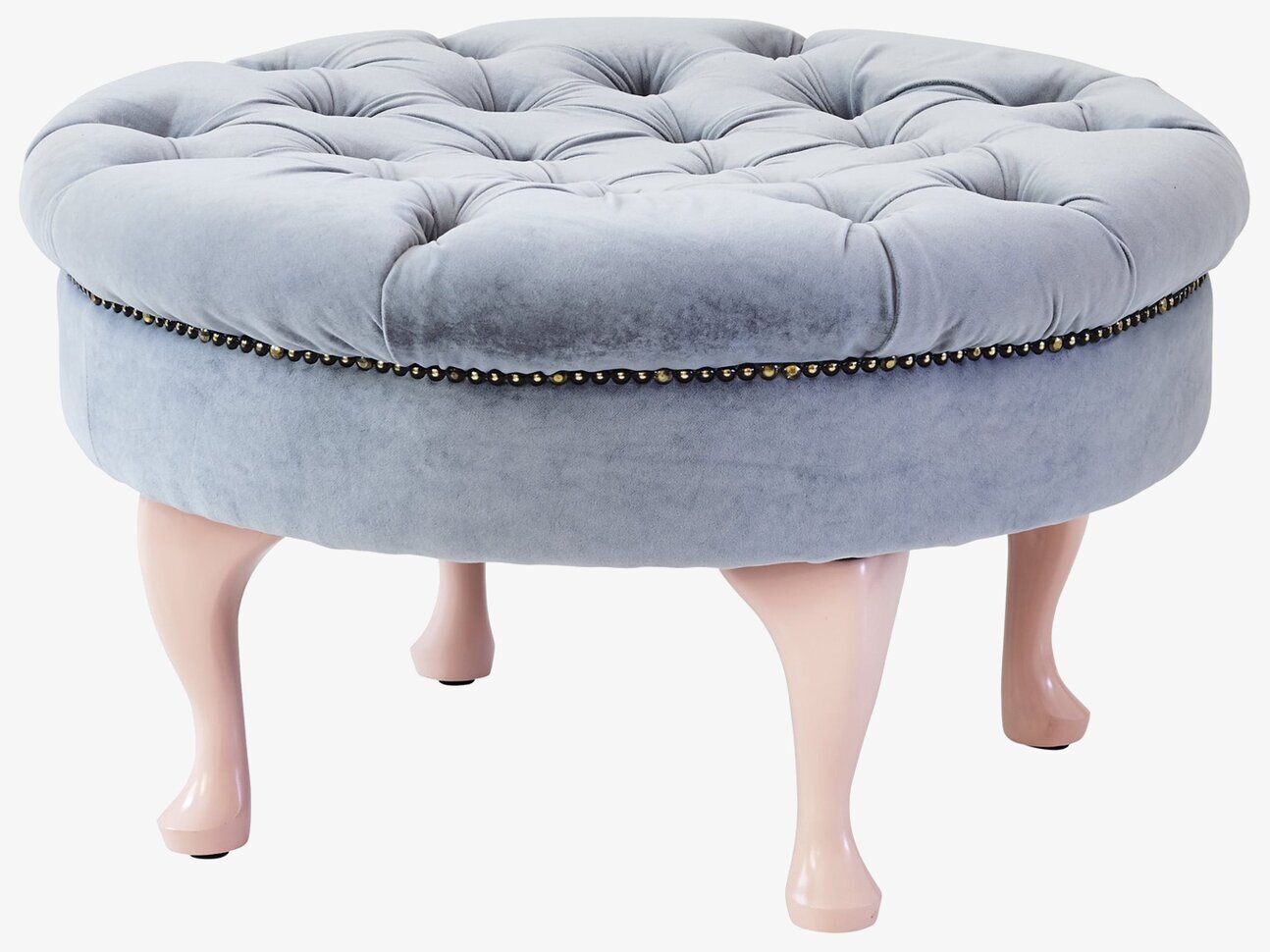 Bild av elegant rund sittpall i grå sammet med nitar