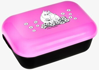 Bild av rosa matlåda med Mumin-design och blommor