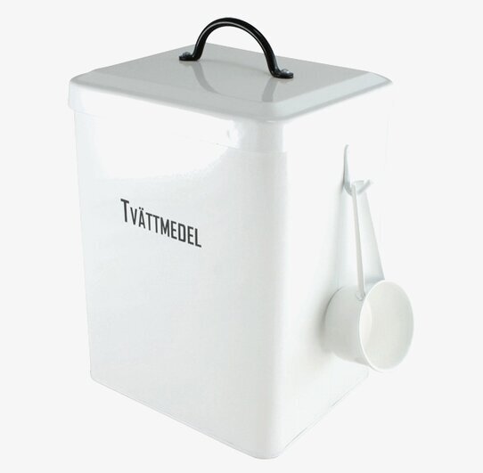 Plåtburk Tvättmedel Med Skopa från Strömshaga i vit metall