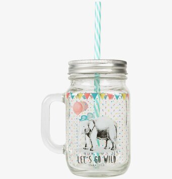 Bild av glasburk med elefantmotiv och färgglada detaljer