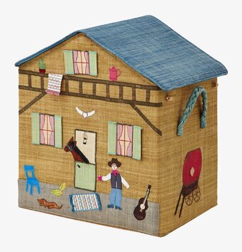 Bild av leksakskorg med cowboytema och rustik design